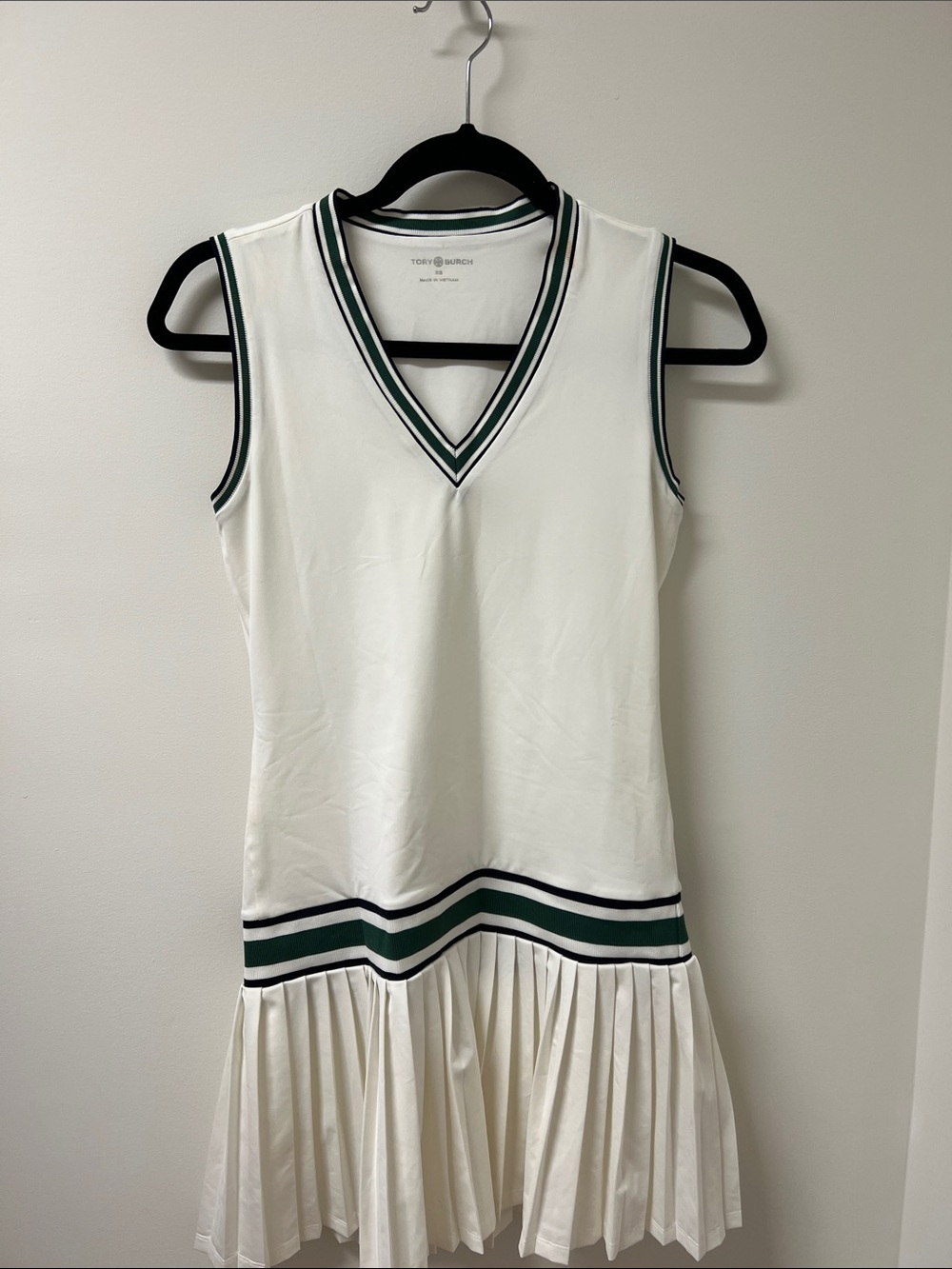 Tory Burch White Pleated Mini Dress with Green and Black Trim